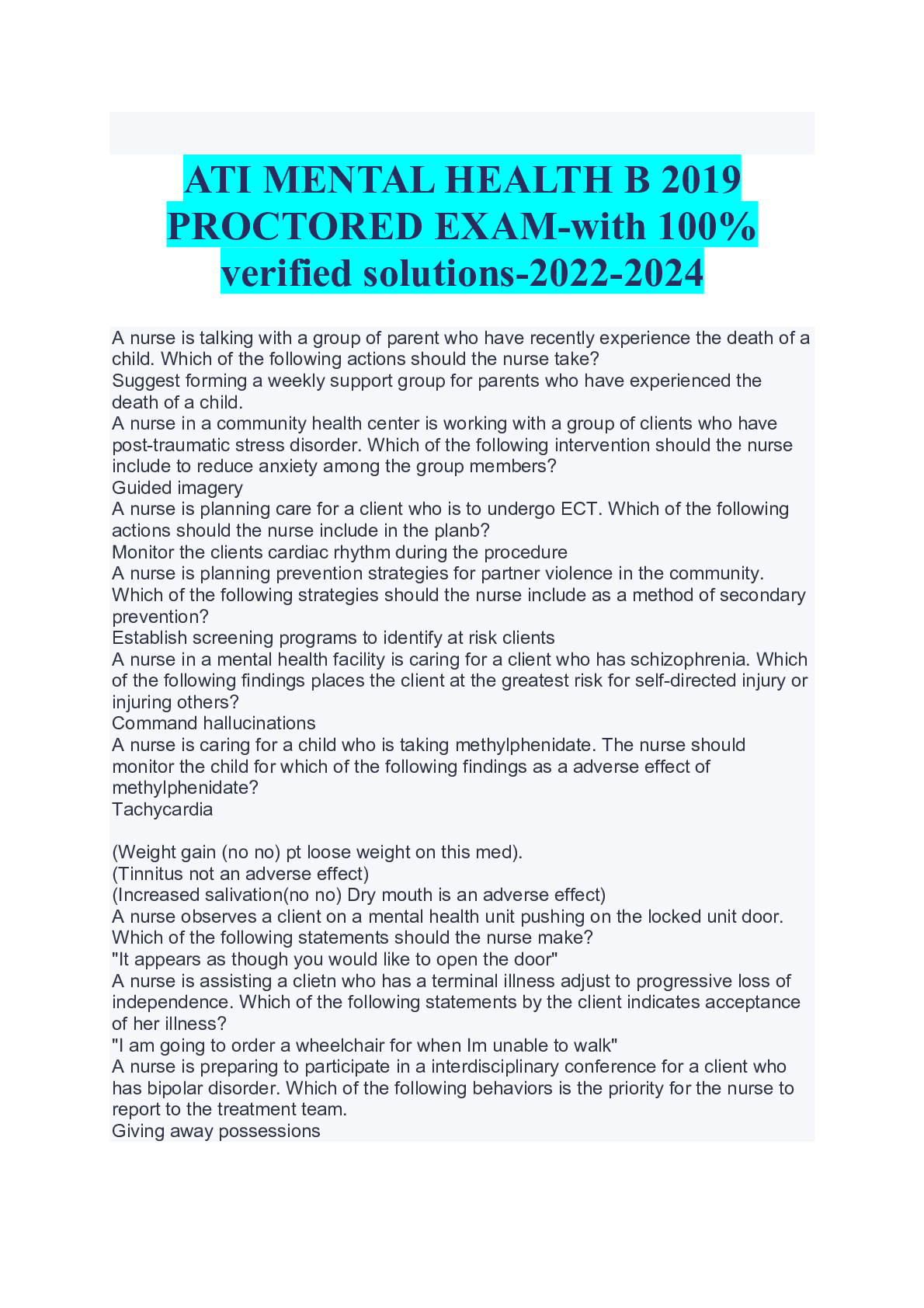 ATI MENTAL HEALTH B 2019 PROCTORED EXAMwith 100 verified solutions